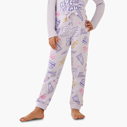Juniors Cotton Crew Neck Long Sleeves Pyjama Set with NYC Print