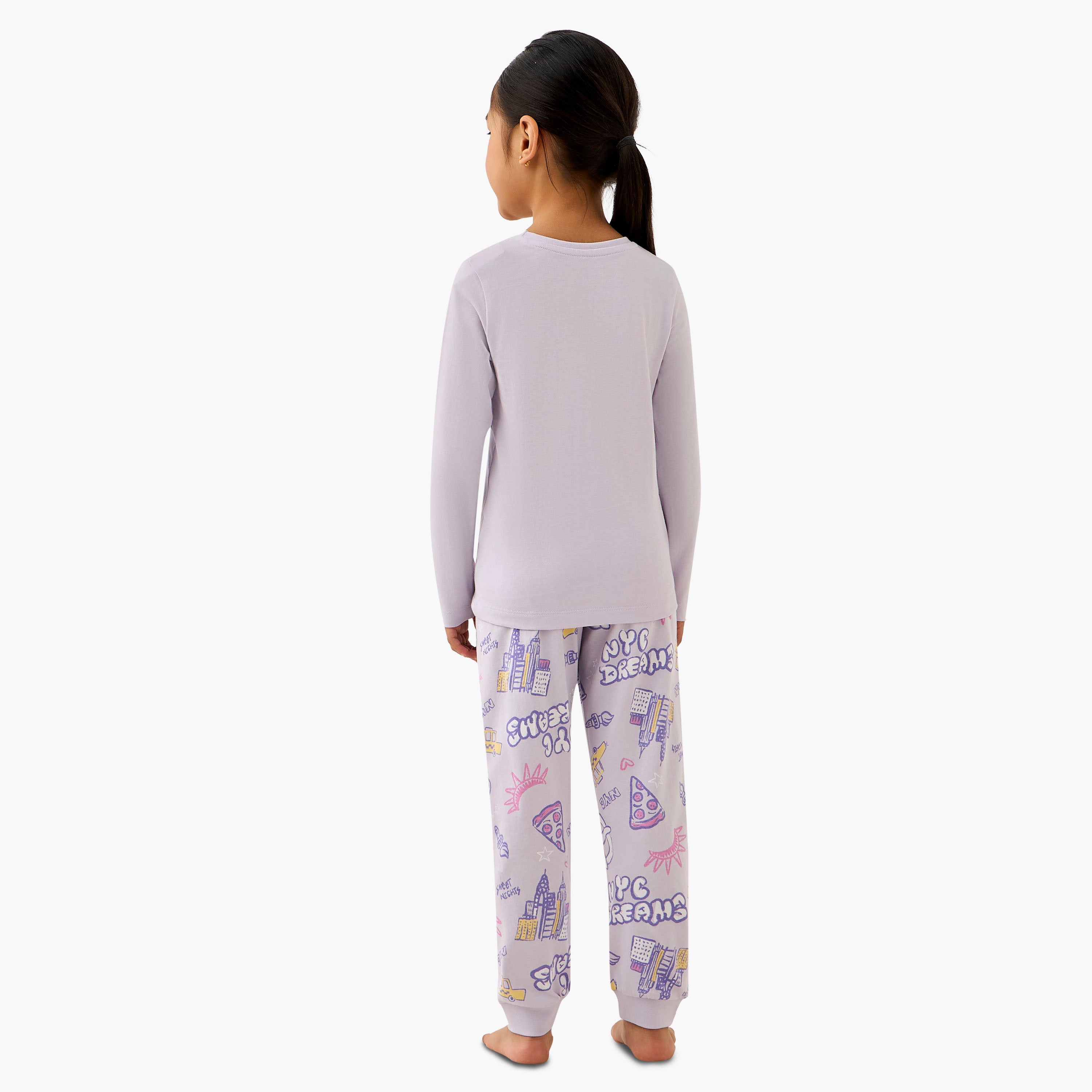 Juniors Cotton Crew Neck Long Sleeves Pyjama Set with NYC Print