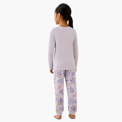 Juniors Cotton Crew Neck Long Sleeves Pyjama Set with NYC Print