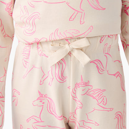 Juniors Cotton Crew Neck Long Sleeves Pyjama Set with Unicorn Print