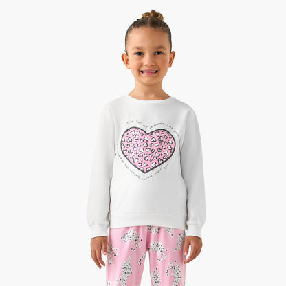 Juniors Cotton Crew Neck Long Sleeves Pyjama Set with Heart Leopard Print