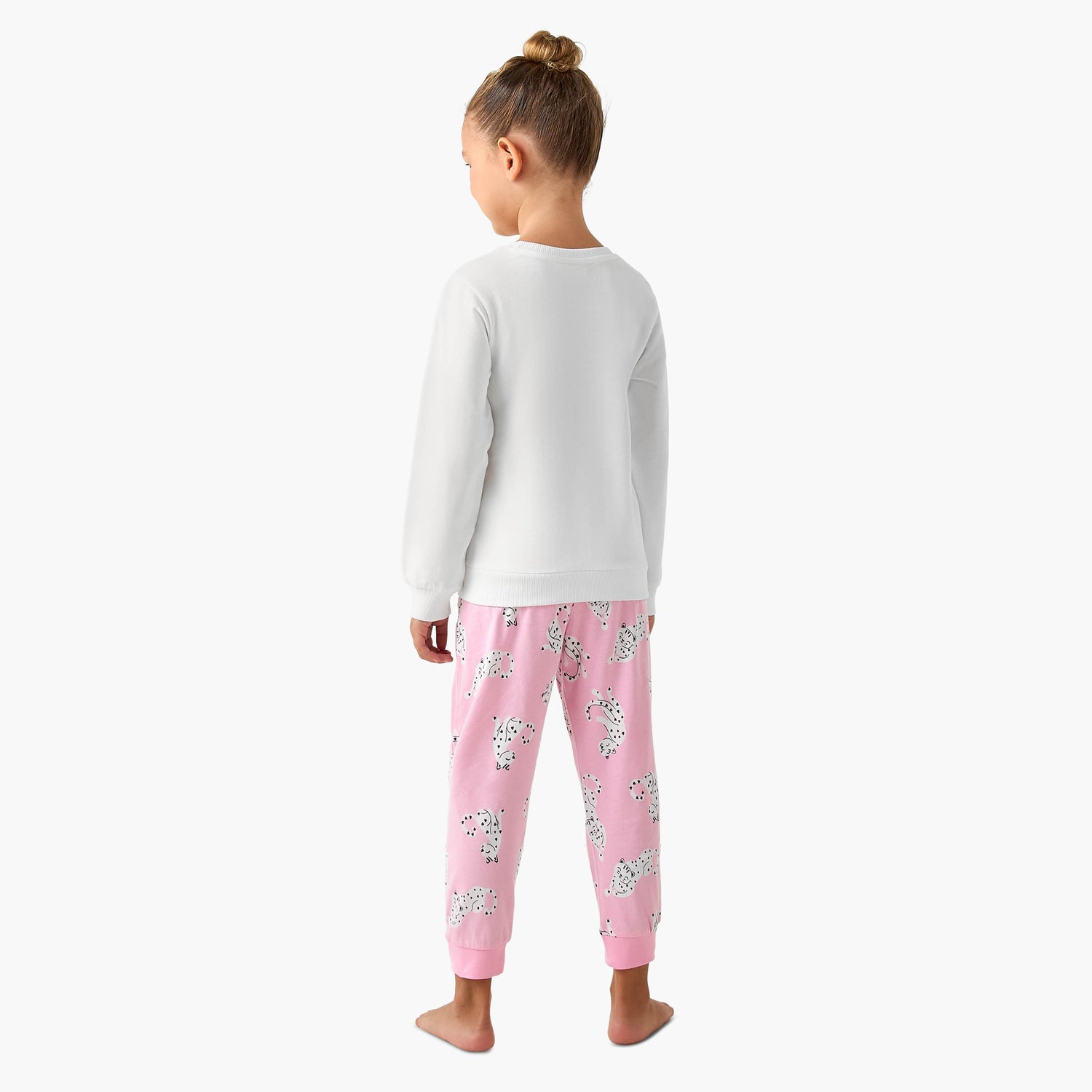 Juniors Cotton Crew Neck Long Sleeves Pyjama Set with Heart Leopard Print