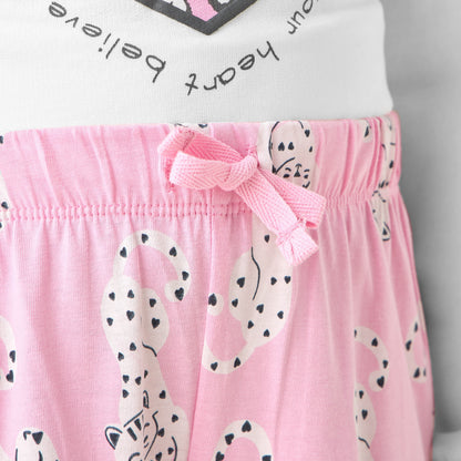 Juniors Cotton Crew Neck Long Sleeves Pyjama Set with Heart Leopard Print