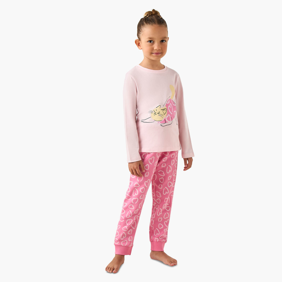Juniors Cotton Crew Neck Long Sleeves Pyjama Set with Heart Cat Print - Pink / 6-7 yrs