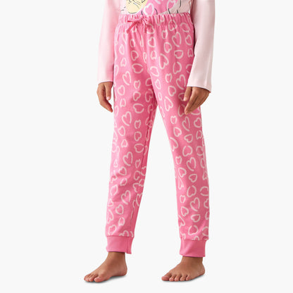 Juniors Cotton Crew Neck Long Sleeves Pyjama Set with Heart Cat Print