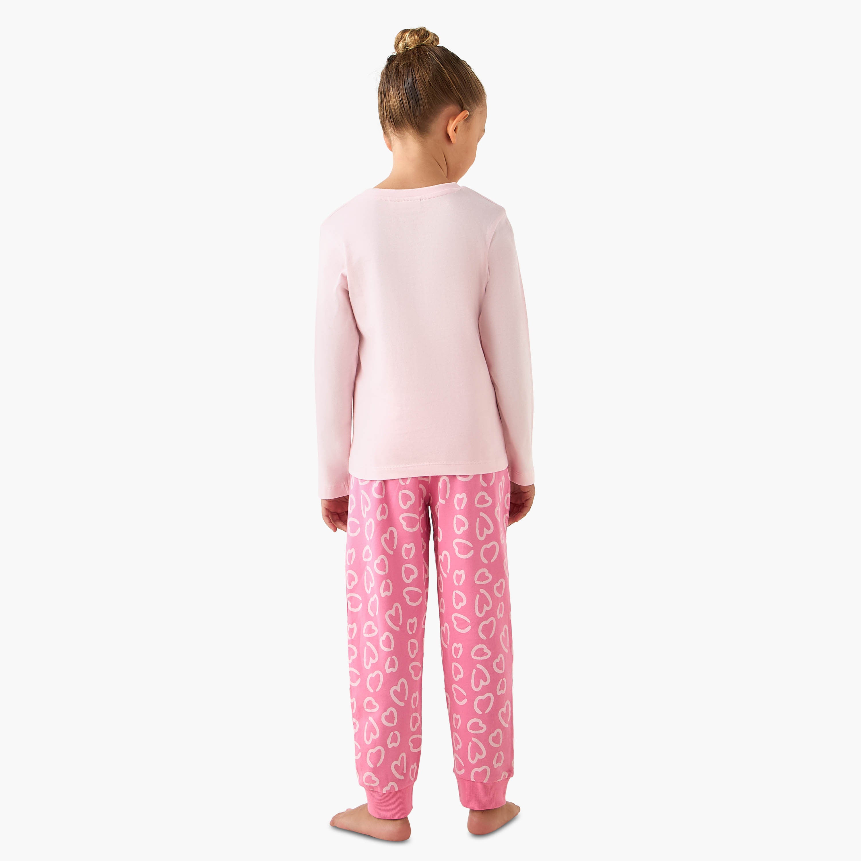 Juniors Cotton Crew Neck Long Sleeves Pyjama Set with Heart Cat Print
