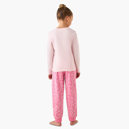 Juniors Cotton Crew Neck Long Sleeves Pyjama Set with Heart Cat Print