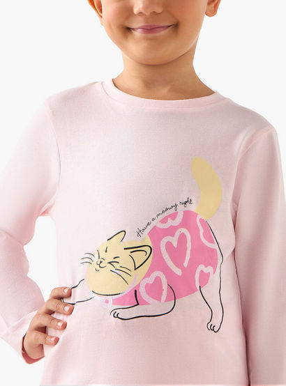 Juniors Cotton Crew Neck Long Sleeves Pyjama Set with Heart Cat Print-promo_babyshop_Buy2for69_UAE130126-image-5