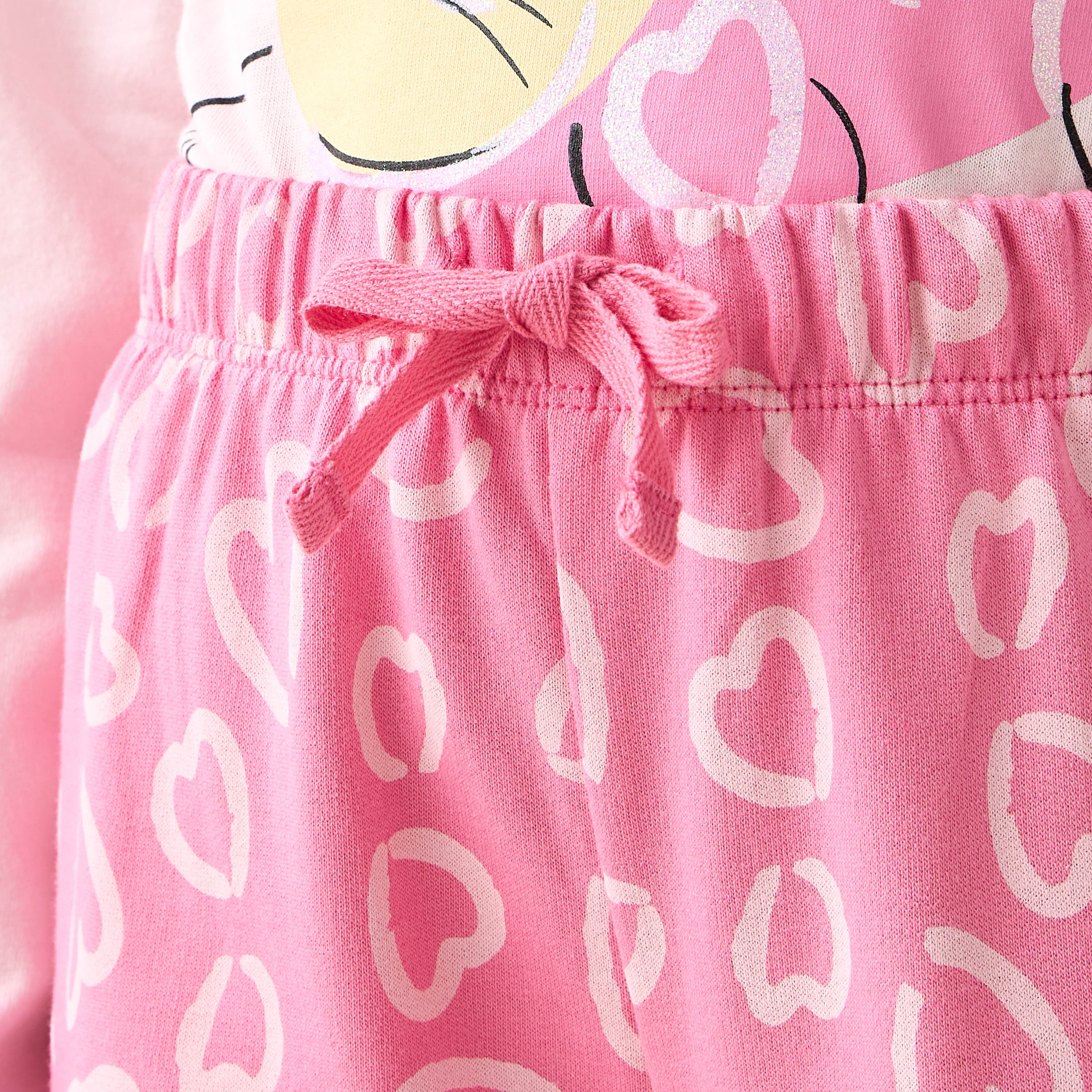 Juniors Cotton Crew Neck Long Sleeves Pyjama Set with Heart Cat Print