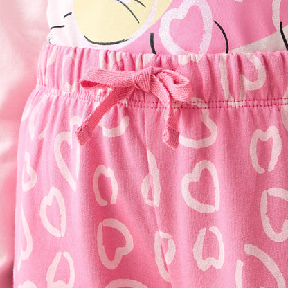 Juniors Cotton Crew Neck Long Sleeves Pyjama Set with Heart Cat Print