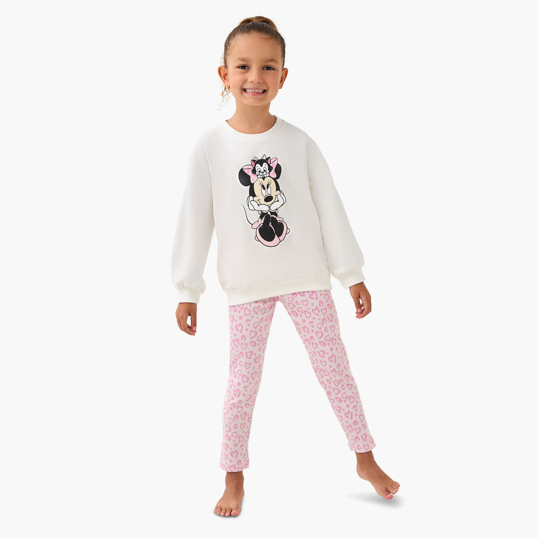Disney Cotton Crew Neck Long Sleeve Pyjama Set with Minnie Mouse Print - Cream / 3-4 yrs