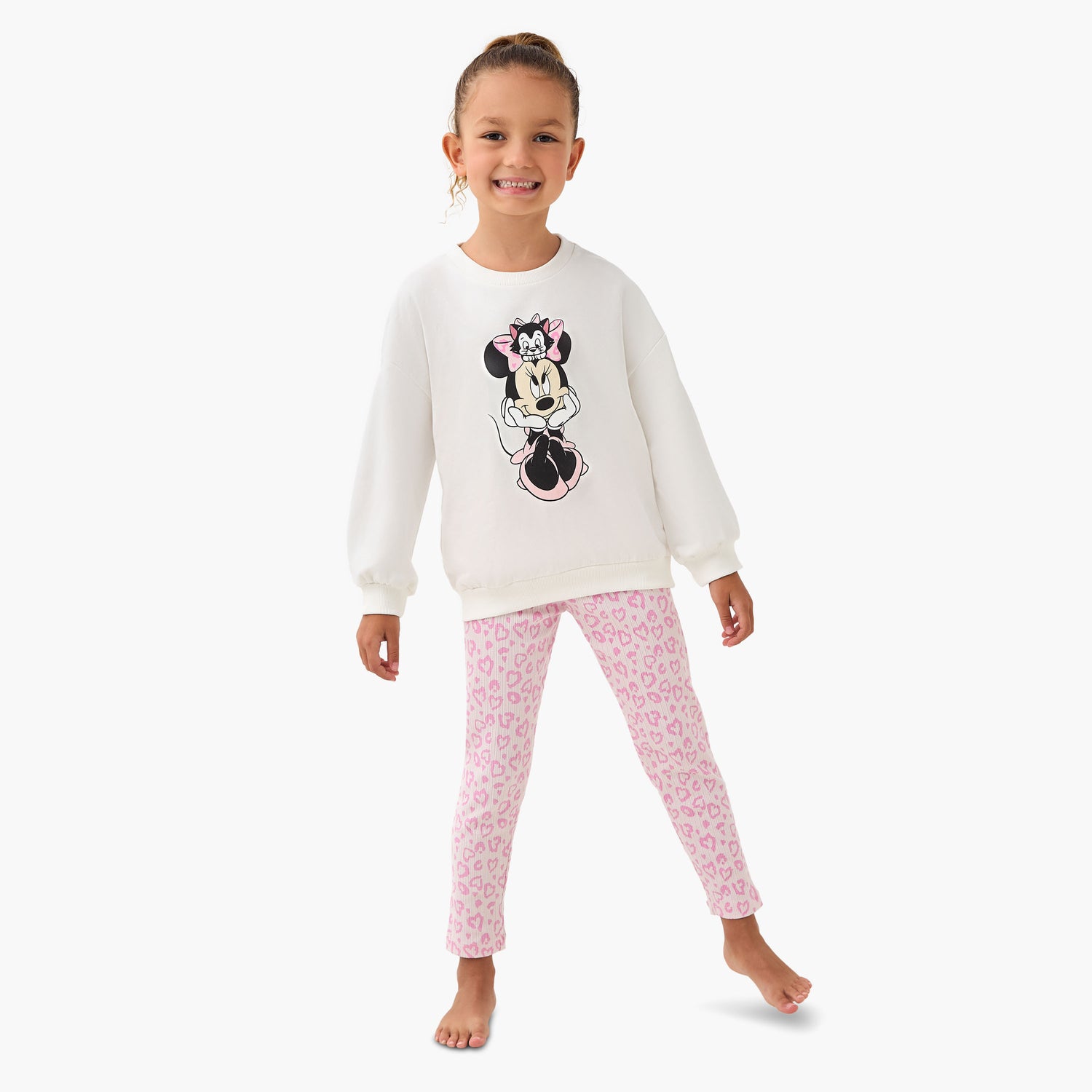 Disney Cotton Crew Neck Long Sleeve Pyjama Set with Minnie Mouse Print - Cream / 3-4 yrs