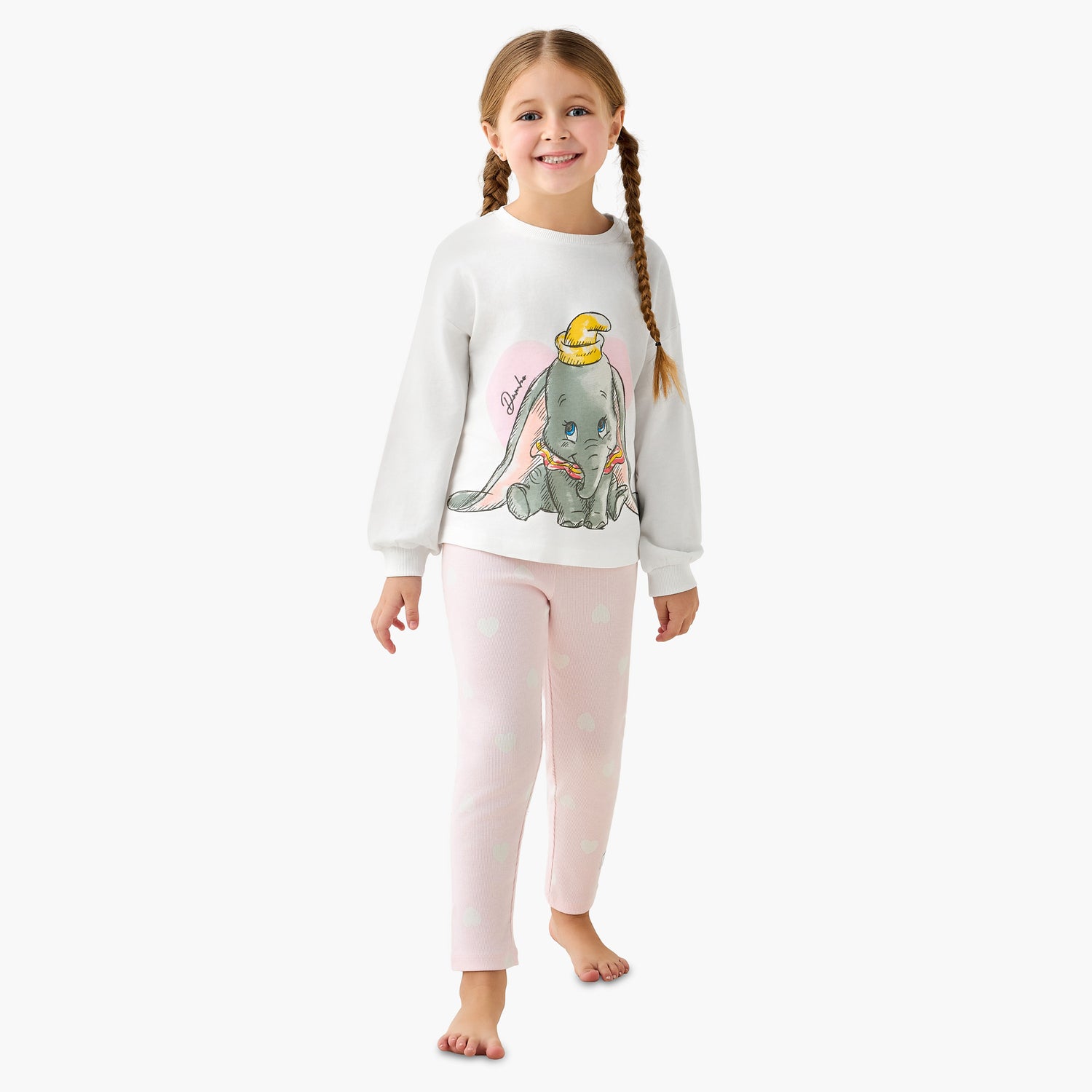 Disney Cotton Crew Neck Long Sleeves Pyjama Set with Dumbo Print - White / 2-3 yrs