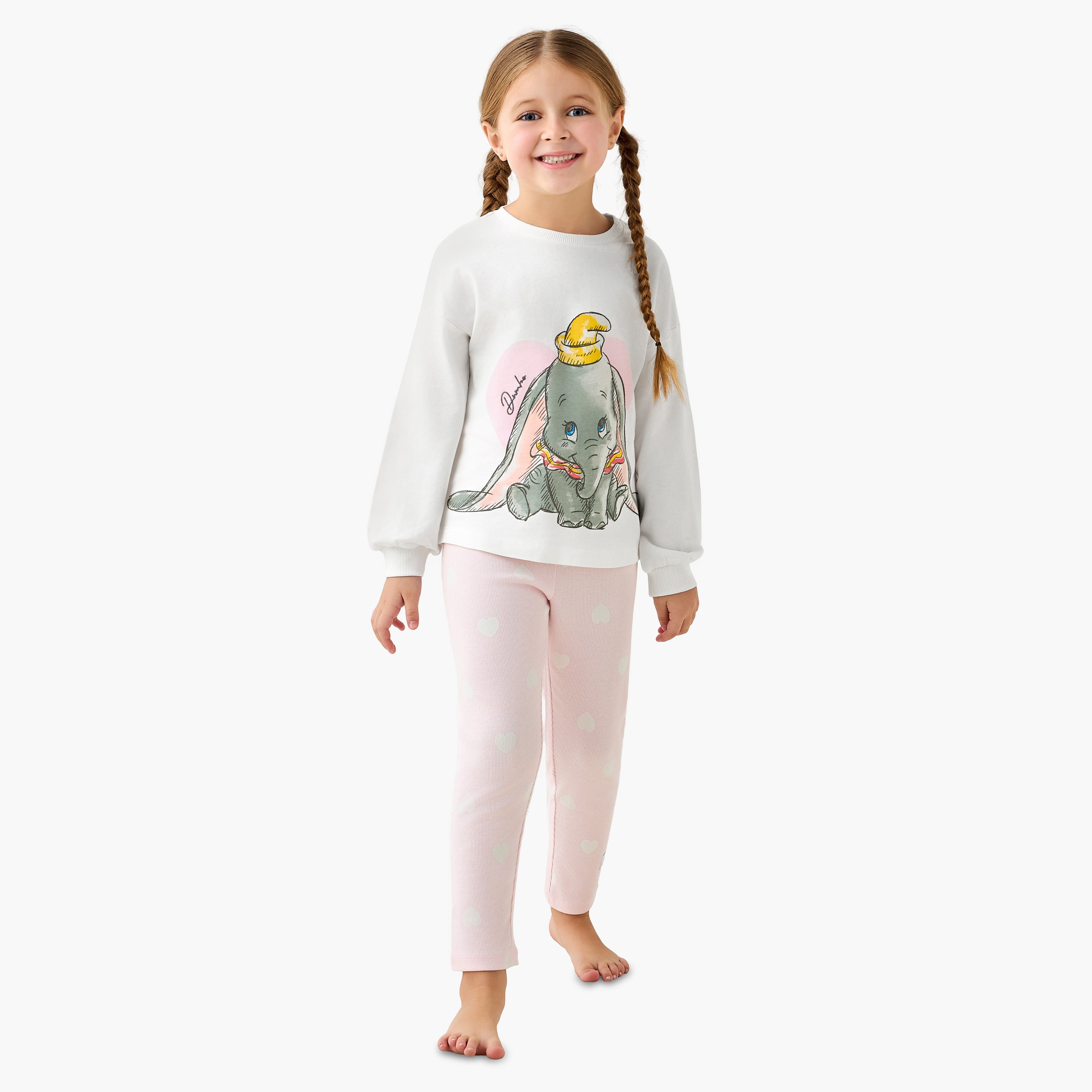 Disney Cotton Crew Neck Long Sleeves Pyjama Set with Dumbo Print - White / 2-3 yrs