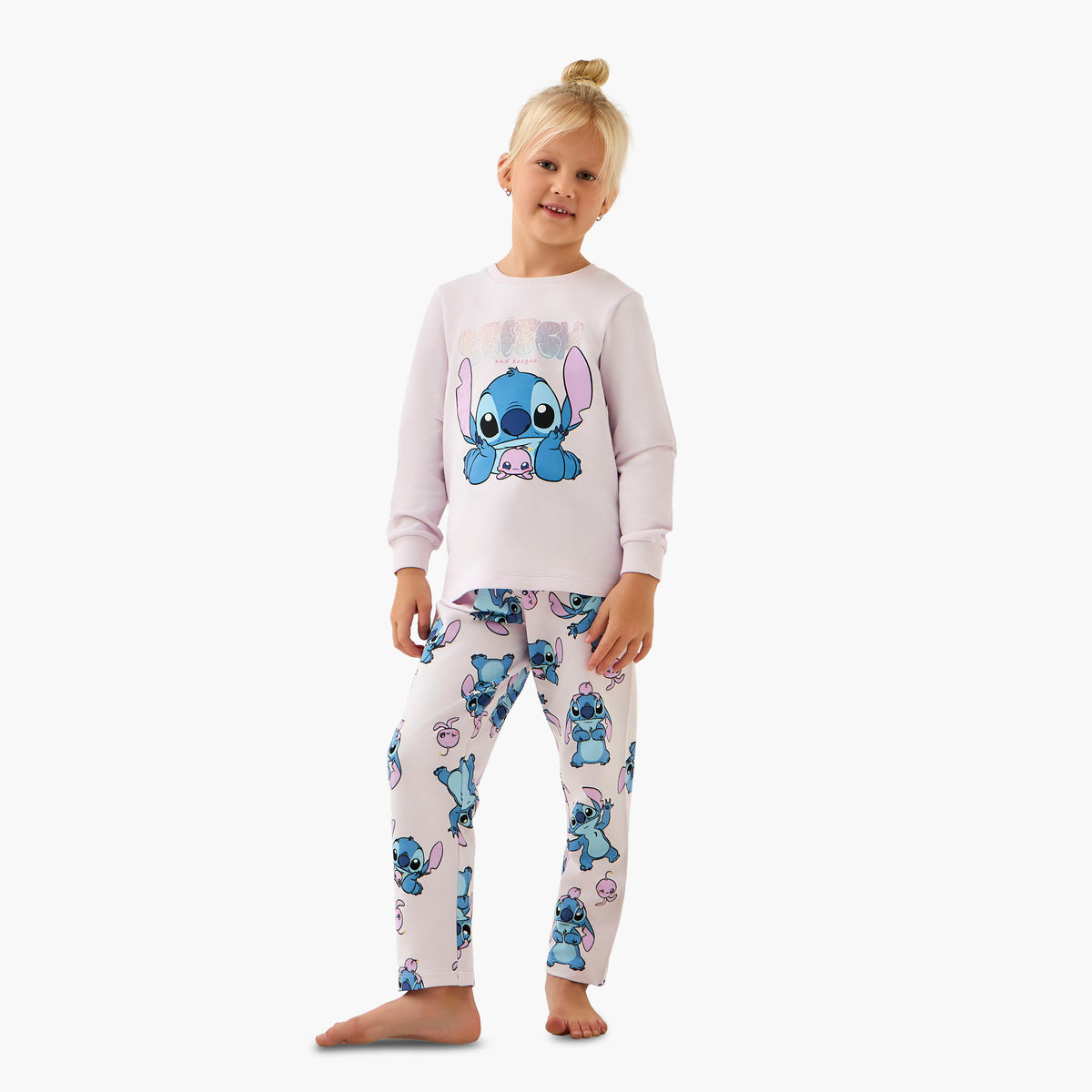 Disney Cotton Crew Neck Long Sleeves Pyjama Set with Stitch Print