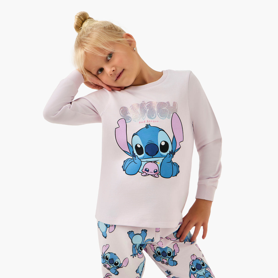 Disney Cotton Crew Neck Long Sleeves Pyjama Set with Stitch Print