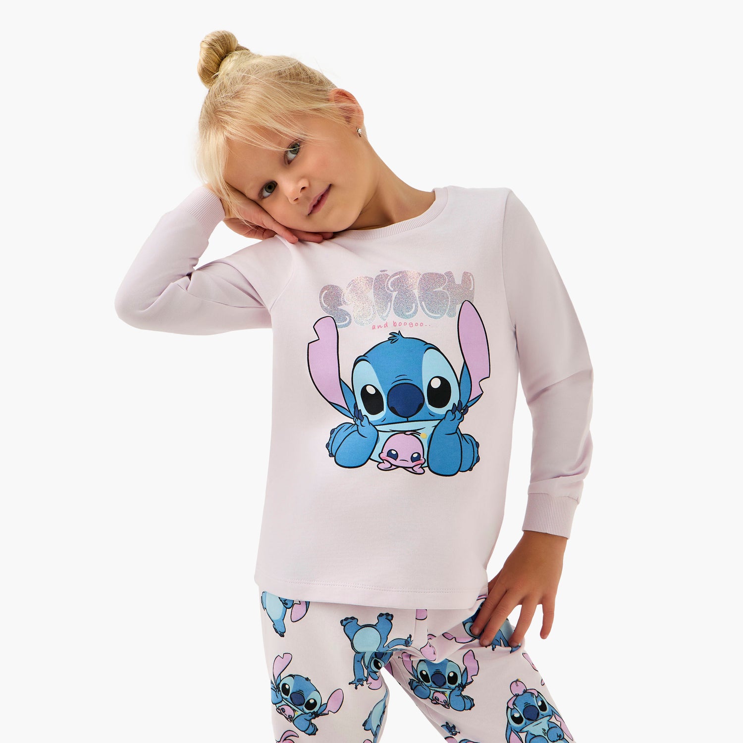 Disney Cotton Crew Neck Long Sleeves Pyjama Set with Stitch Print