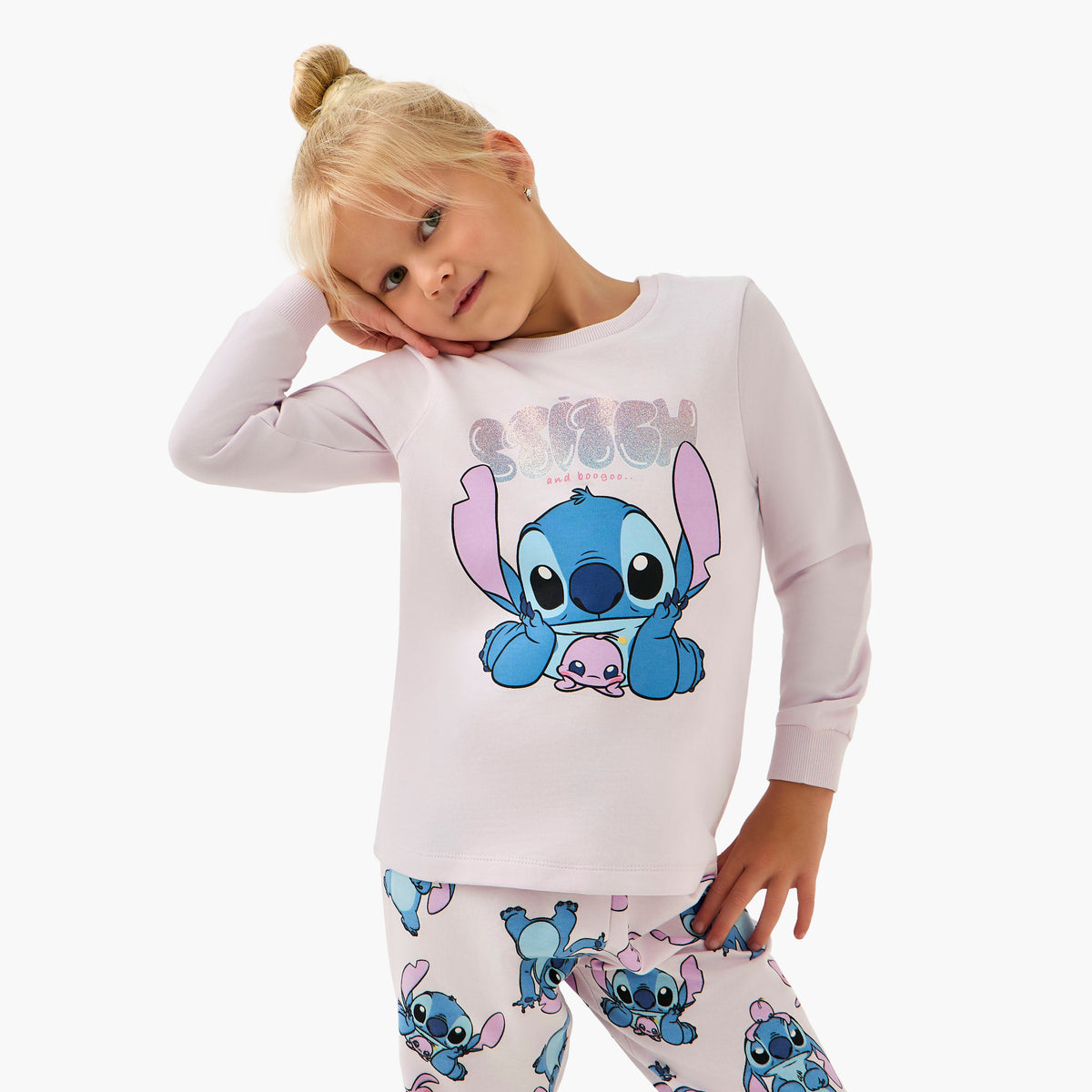 Disney Cotton Crew Neck Long Sleeves Pyjama Set with Stitch Print