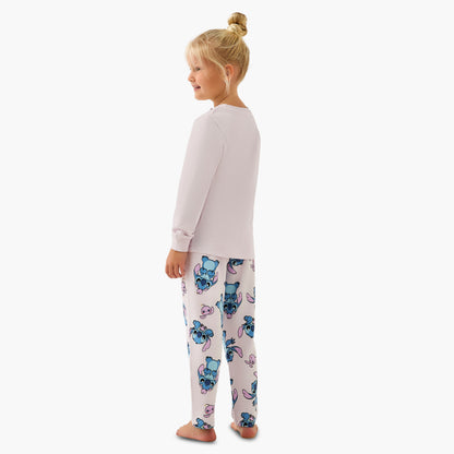 Disney Cotton Crew Neck Long Sleeves Pyjama Set with Stitch Print