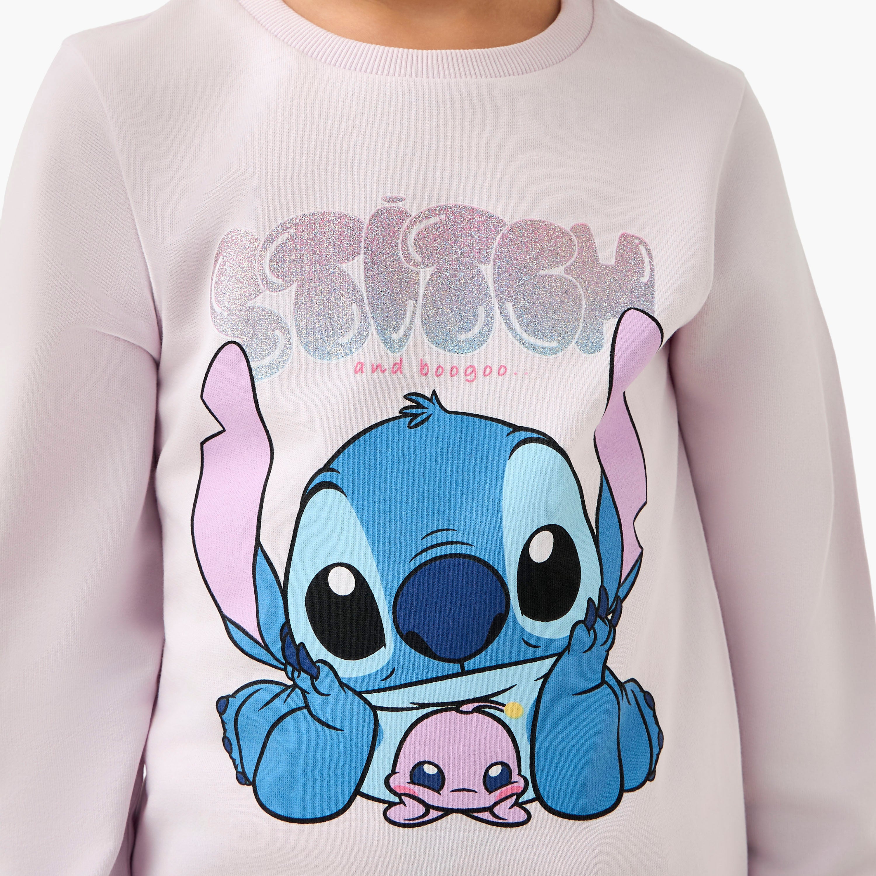 Disney Cotton Crew Neck Long Sleeves Pyjama Set with Stitch Print