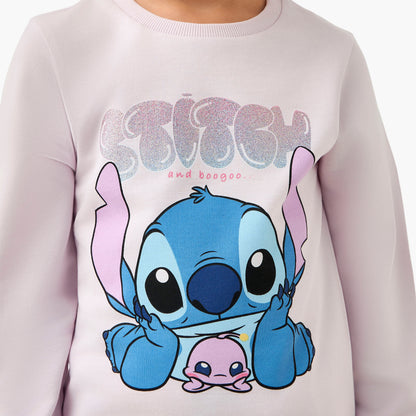 Disney Cotton Crew Neck Long Sleeves Pyjama Set with Stitch Print