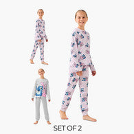 Pack of 2 Disney Cotton Round Neck Long Sleeves Pyjama Set with Angel and Stitch Print-undefined-image-1