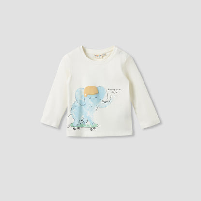 Juniors Crew Neck Long Sleeves T-shirt with Elephant Print - Cream / 12-18 mths
