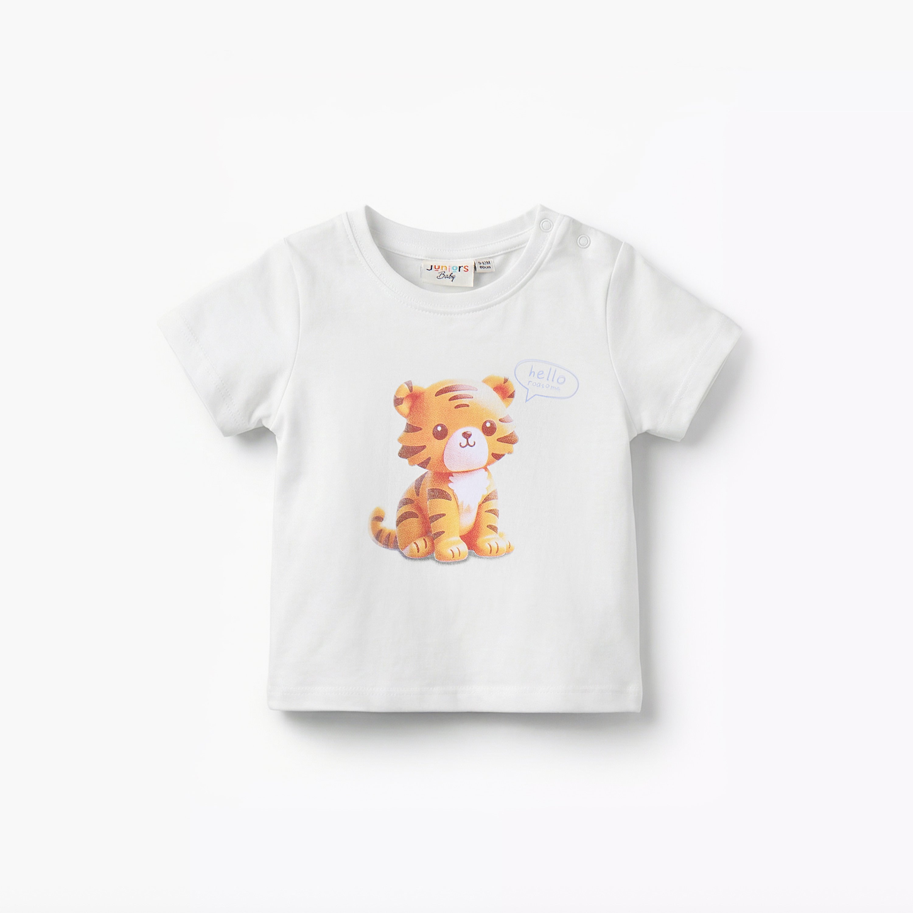Juniors Round Neck Short Sleeves T-shirt with Tiger Print - White / 12-18 mths