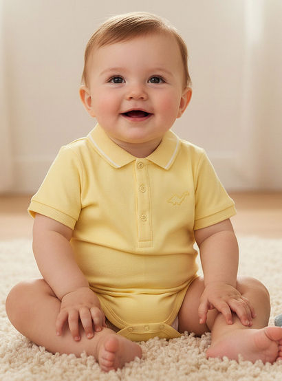 Juniors Short Sleeve Polo Bodysuit with Texture-baby-boys-clothing-bodysuits-image-1