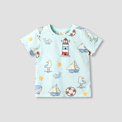 Juniors Crew Neck Short Sleeve T-shirt with Nautical Print