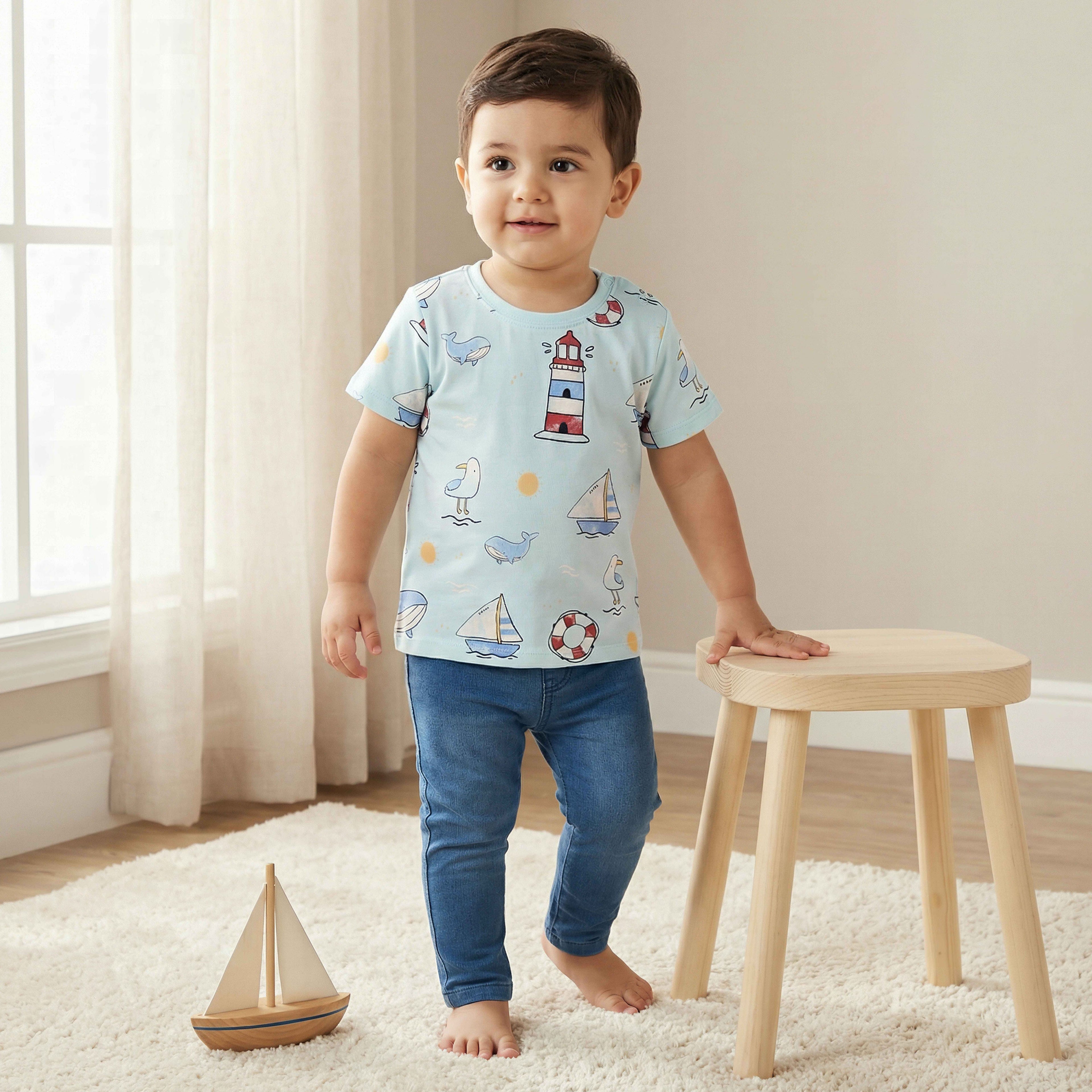 Juniors Crew Neck Short Sleeve T-shirt with Nautical Print