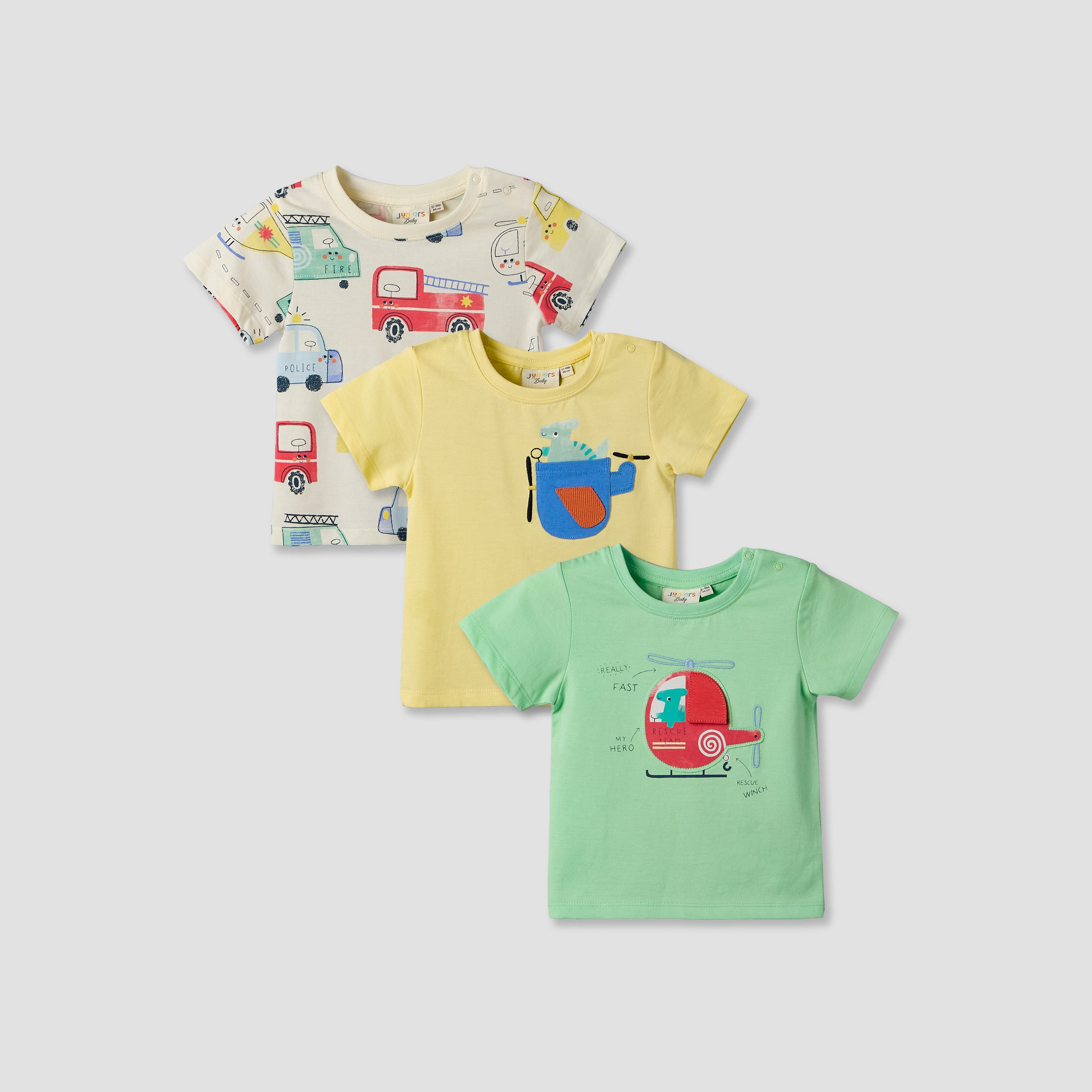 Pack of 3 Juniors Crew Neck Short Sleeves T-shirt with Vehicle Print - Multicolour / 12-18 mths