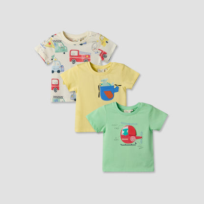 Pack of 3 Juniors Crew Neck Short Sleeves T-shirt with Vehicle Print - Multicolour / 12-18 mths