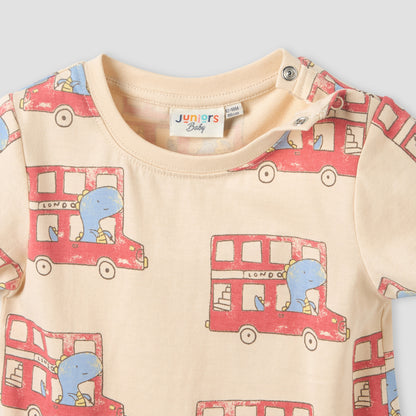 Juniors Crew Neck Short Sleeves T-shirt with Dinosaur Bus Print