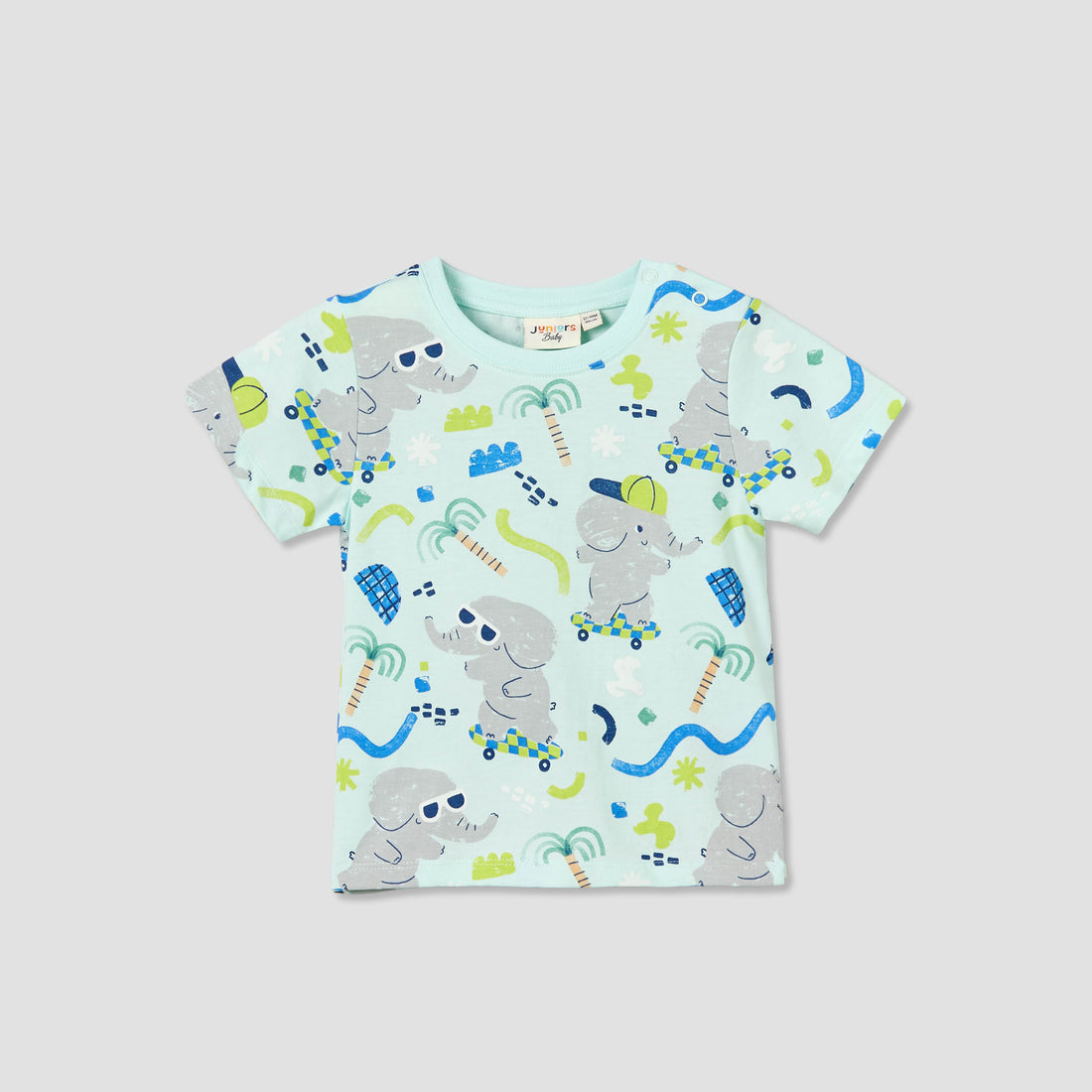 Juniors Crew Neck Short Sleeves T-shirt with Elephant Print - Blue / 12-18 mths
