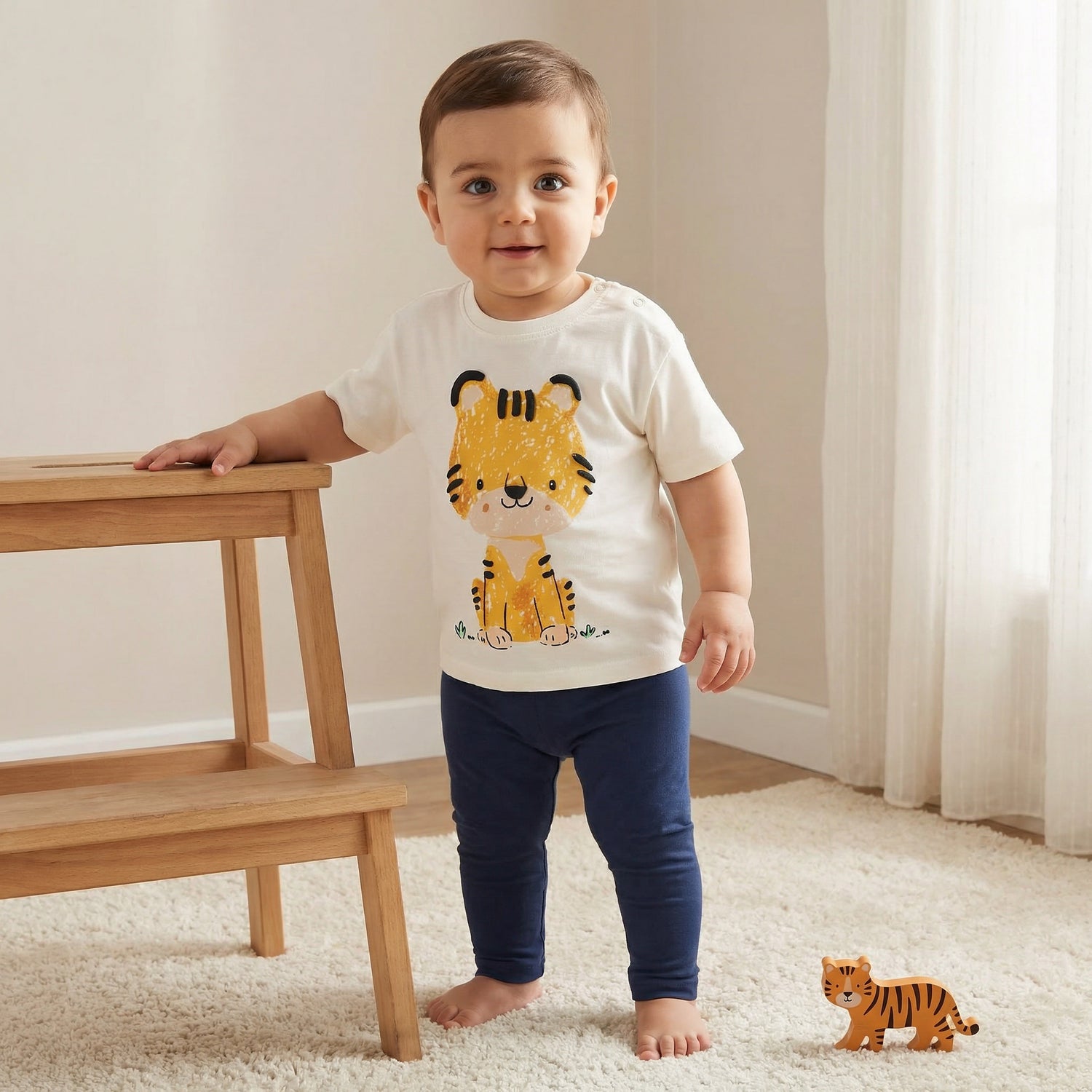 Juniors Crew Neck Short Sleeves T-shirt with Tiger Print