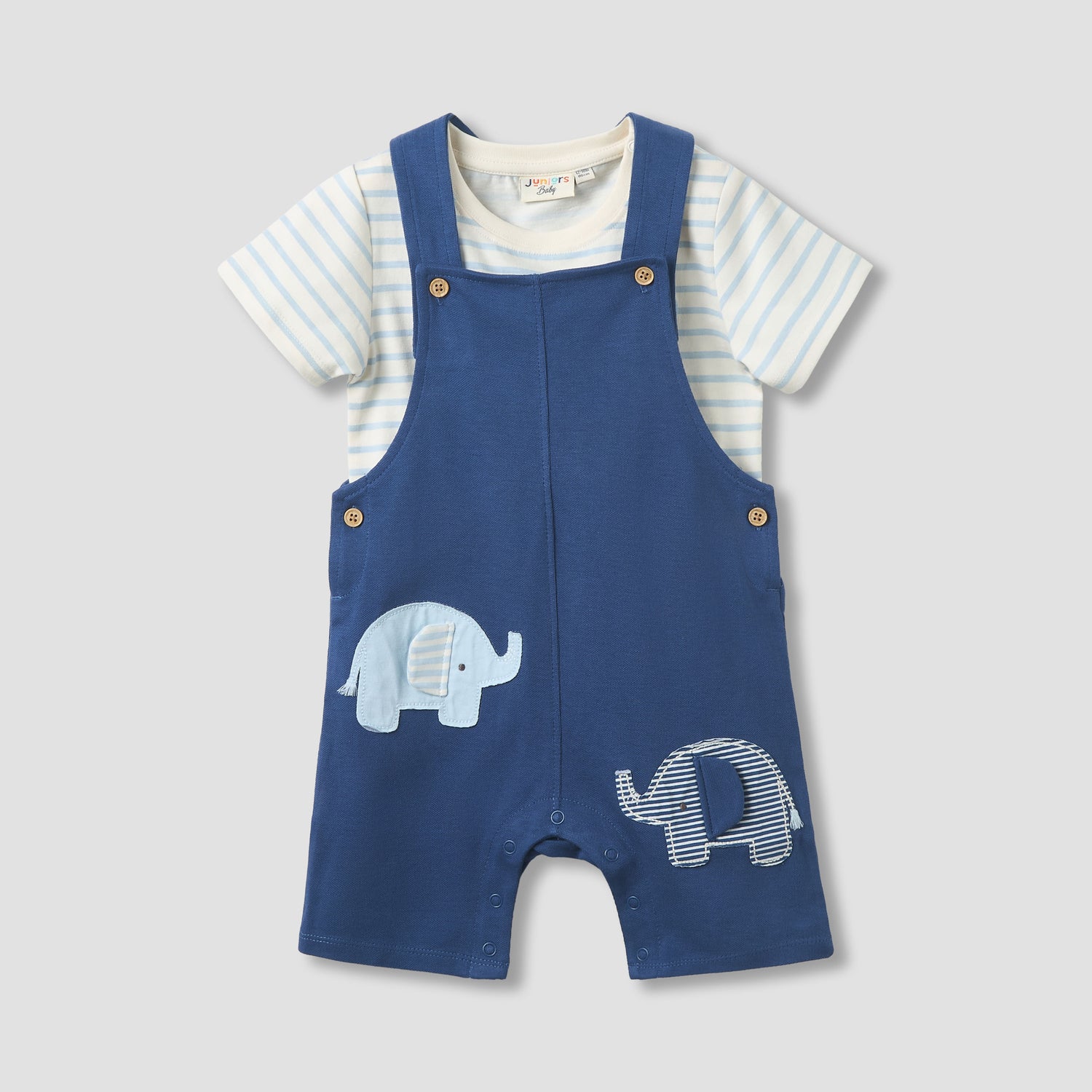 Juniors Crew Neck Short Sleeve T-shirt and Dungaree Set with Elephant Applique Detail - Multicolour / 12-18 mths
