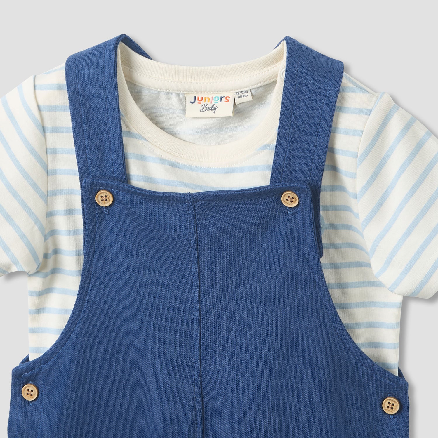Juniors Crew Neck Short Sleeve T-shirt and Dungaree Set with Elephant Applique Detail