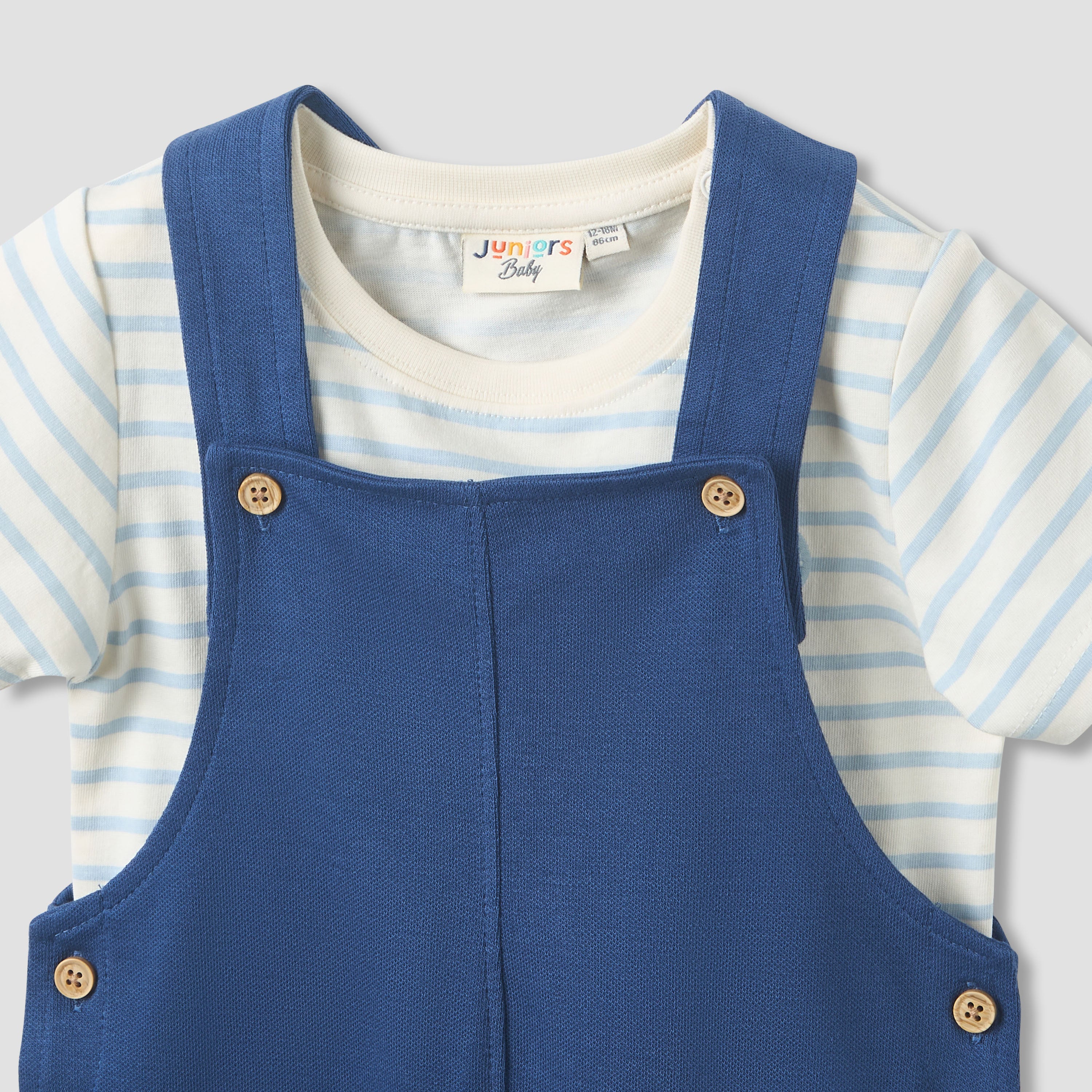 Juniors Crew Neck Short Sleeve T-shirt and Dungaree Set with Elephant Applique Detail