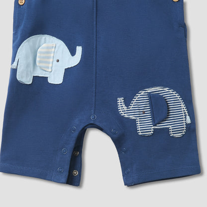 Juniors Crew Neck Short Sleeve T-shirt and Dungaree Set with Elephant Applique Detail