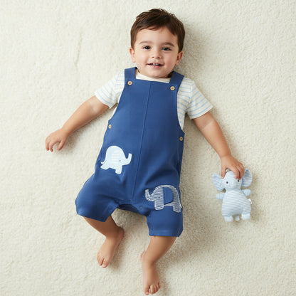 Juniors Crew Neck Short Sleeve T-shirt and Dungaree Set with Elephant Applique Detail - Multicolour / 18-24 mths