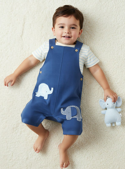 Juniors Crew Neck Short Sleeve T-shirt and Dungaree Set with Elephant Applique Detail-baby-boys-clothing-setsandcoords-image-1