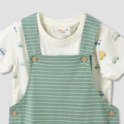 Juniors Crew Neck Short Sleeve T-shirt and Dungaree Set with Stripes