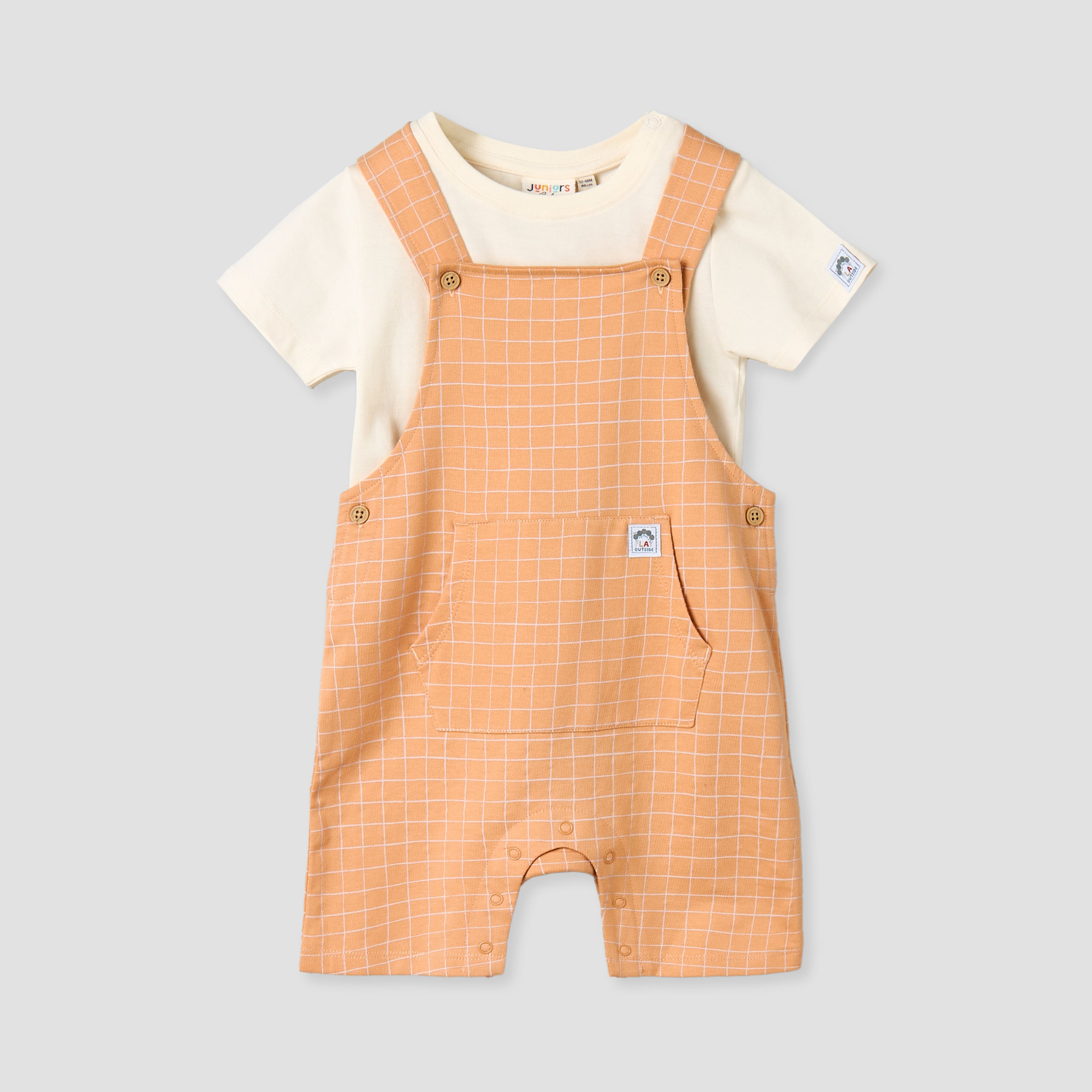 Juniors Crew Neck Short Sleeves T-shirt and Dungaree Set with Checks Detail - Multicolour / 12-18 mths