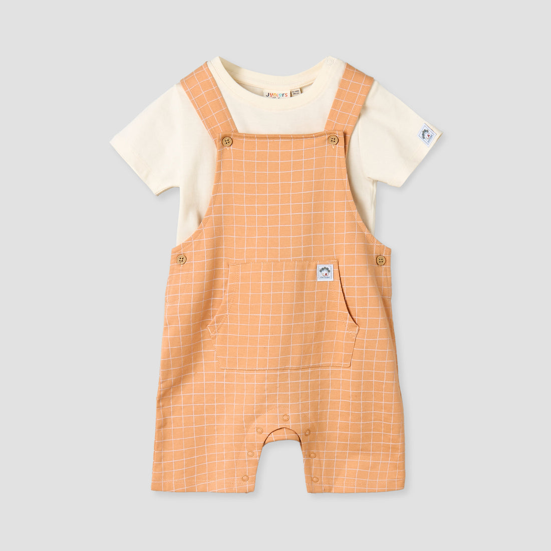 Juniors Crew Neck Short Sleeves T-shirt and Dungaree Set with Checks Detail
