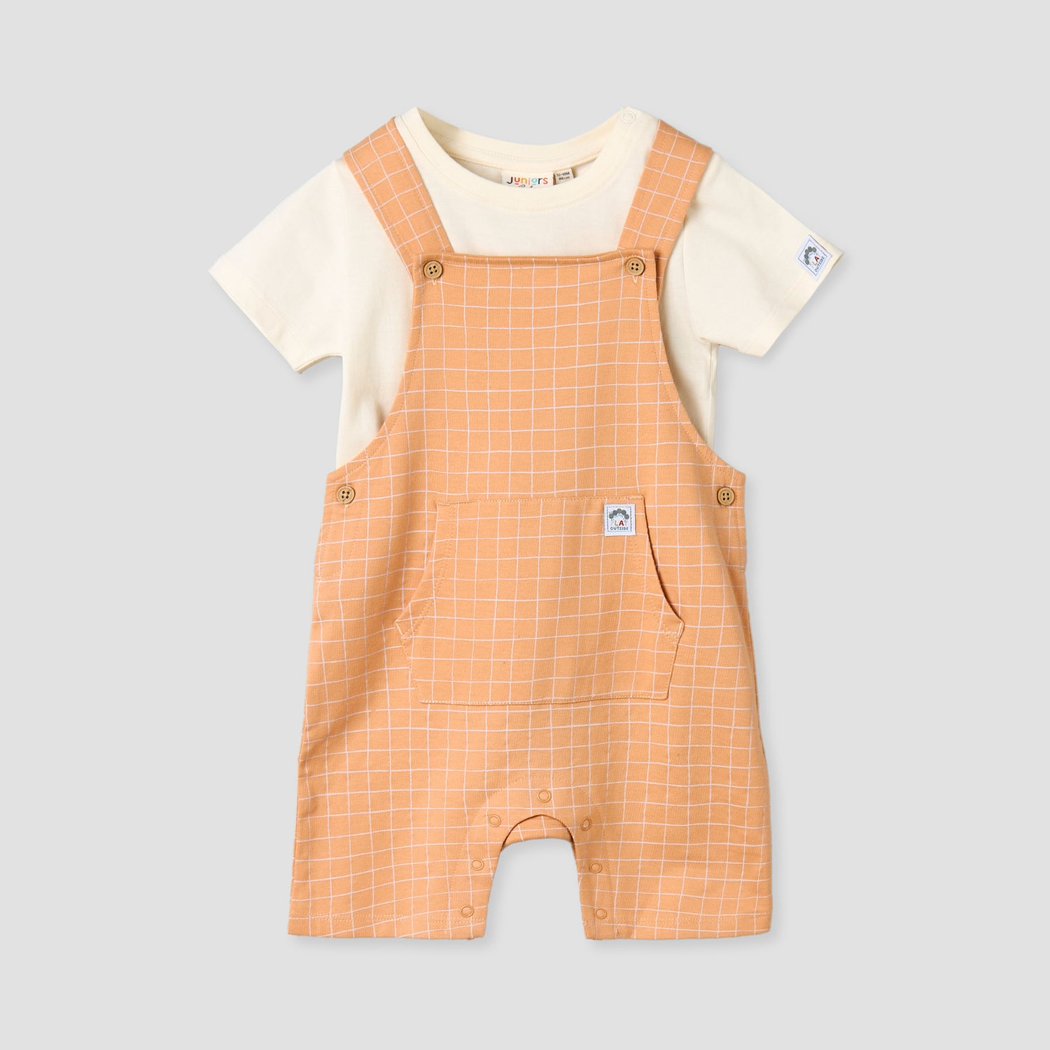 Juniors Crew Neck Short Sleeves T-shirt and Dungaree Set with Checks Detail