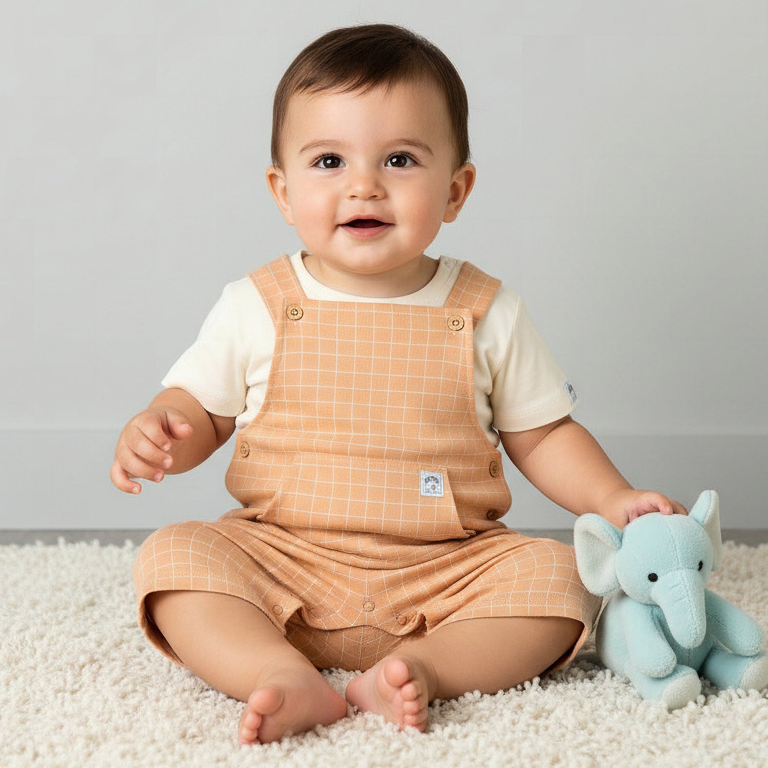 Juniors Crew Neck Short Sleeves T-shirt and Dungaree Set with Checks Detail