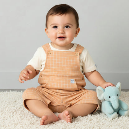 Juniors Crew Neck Short Sleeves T-shirt and Dungaree Set with Checks Detail