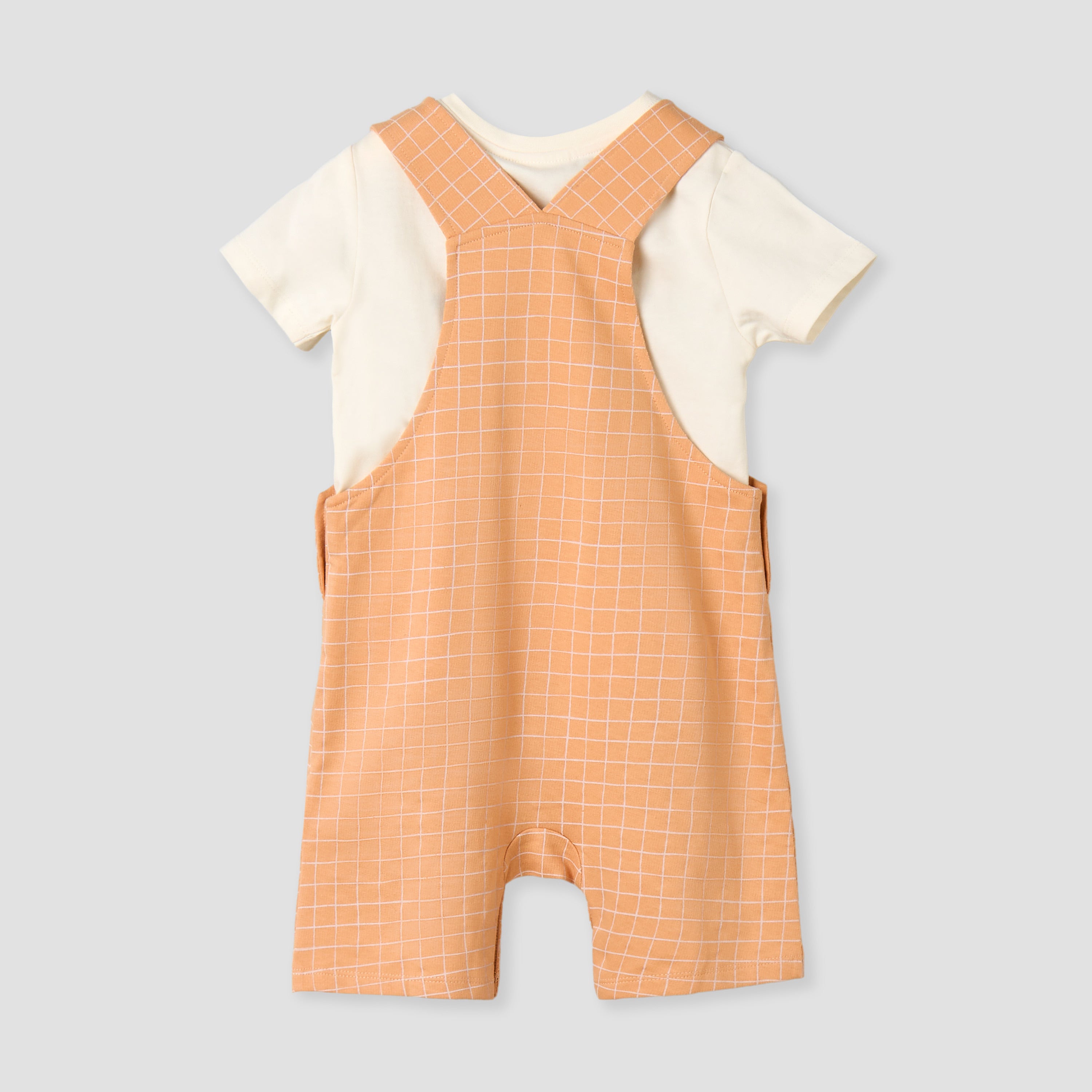 Juniors Crew Neck Short Sleeves T-shirt and Dungaree Set with Checks Detail