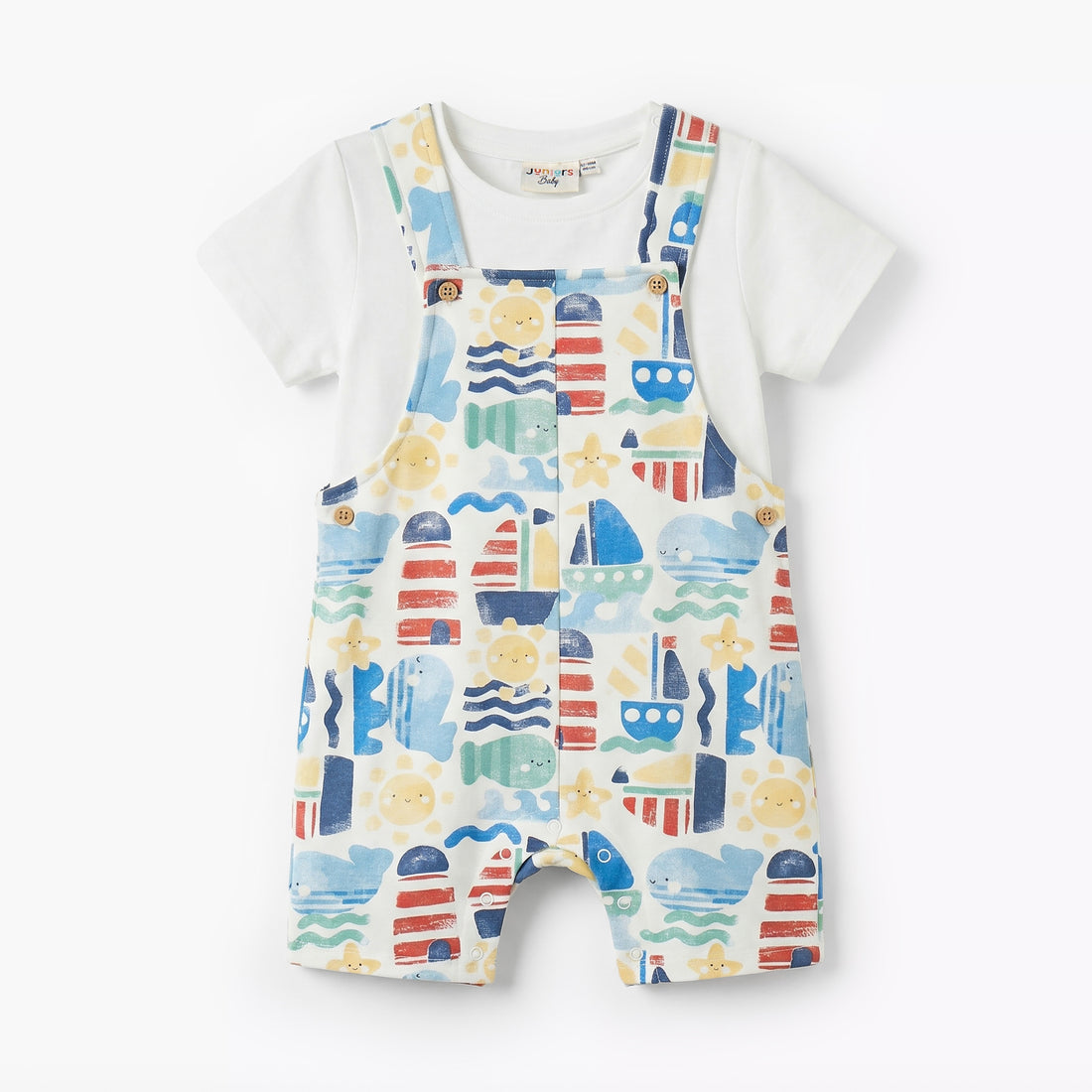 Juniors Crew Neck Short Sleeves T-shirt and Dungaree Set with Marine Print - Multicolour / 24-36 mths